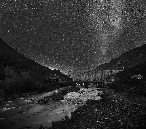 Milky Way and overflowing Caban Coch Dam